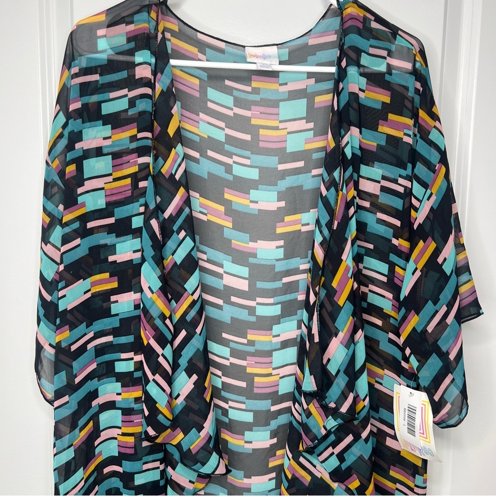 LuLaRoe Multicolor Geometric Kimono Size Large Women’s NWT Tassels - Picture 2 of 9